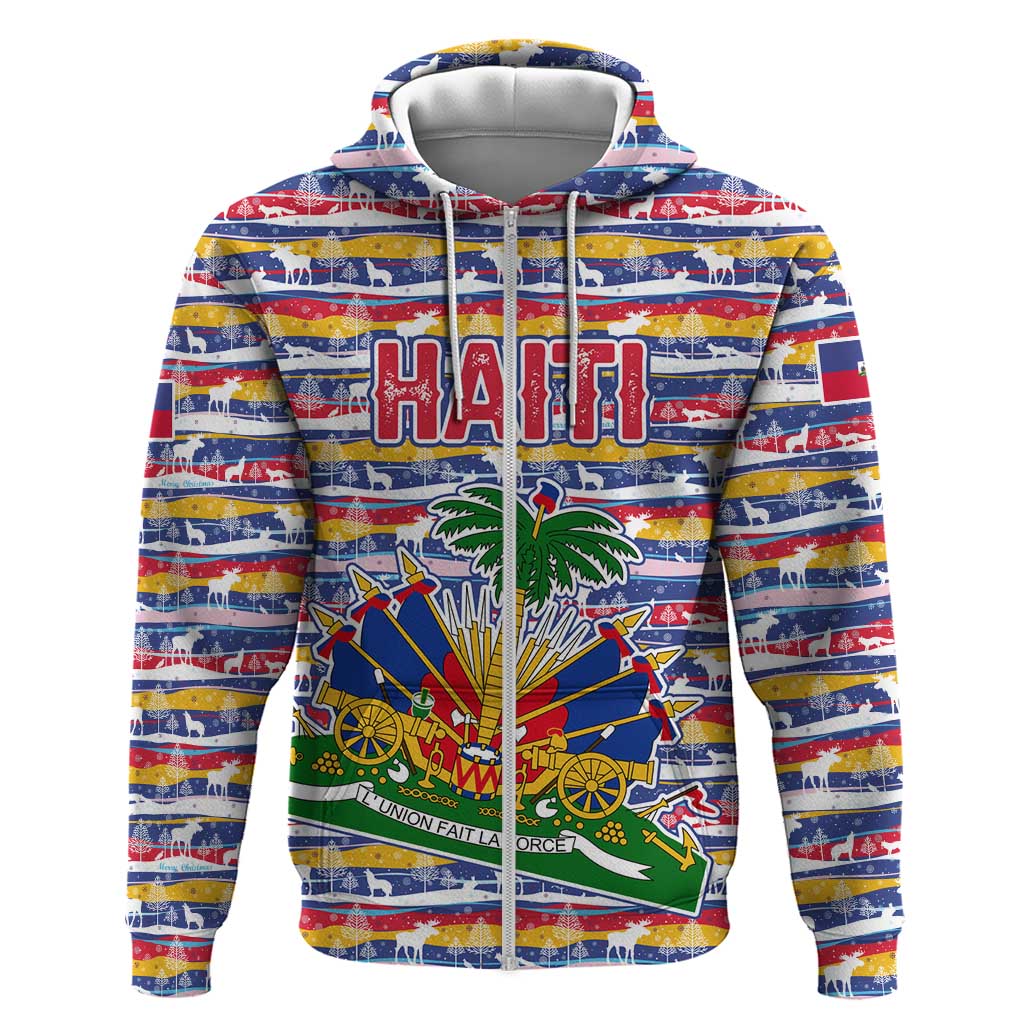 Haiti Christmas Hoodie with Blue Red Yellow Xmas Santa Sleigh and Coat of Arms - Wonder Print Shop