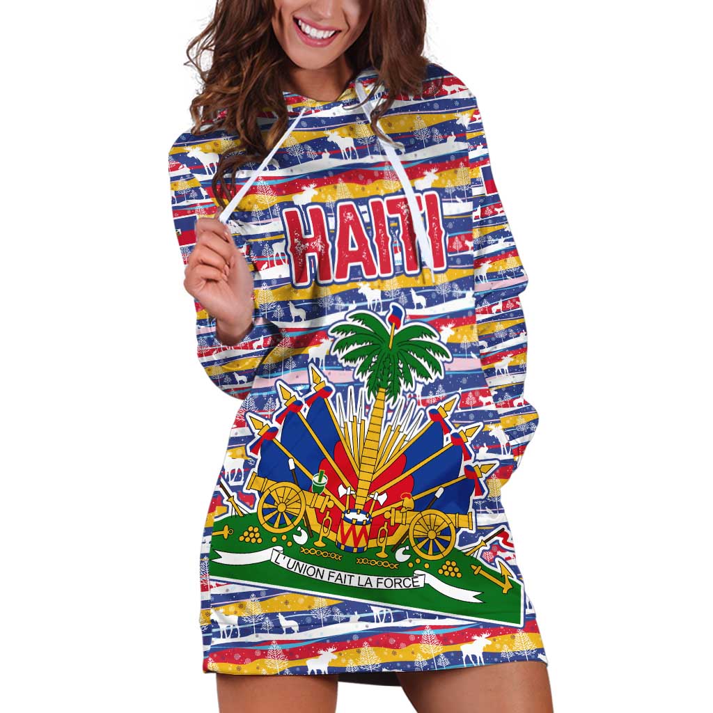 Haiti Christmas Hoodie Dress with Blue Red Yellow Xmas Santa Sleigh and Coat of Arms - Wonder Print Shop