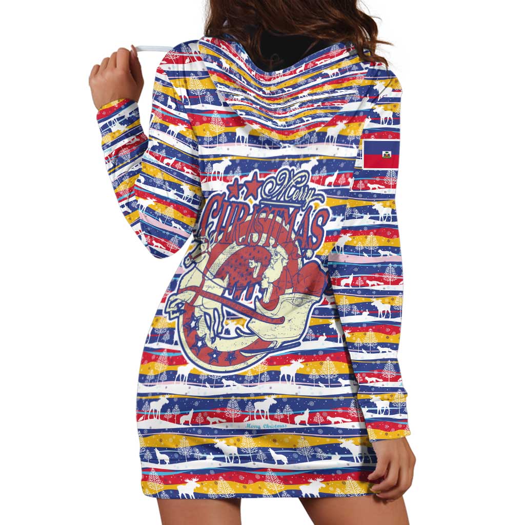 Haiti Christmas Hoodie Dress with Blue Red Yellow Xmas Santa Sleigh and Coat of Arms - Wonder Print Shop