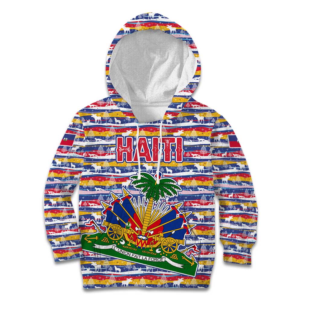 Haiti Christmas Kid Hoodie with Blue Red Yellow Xmas Santa Sleigh and Coat of Arms - Wonder Print Shop