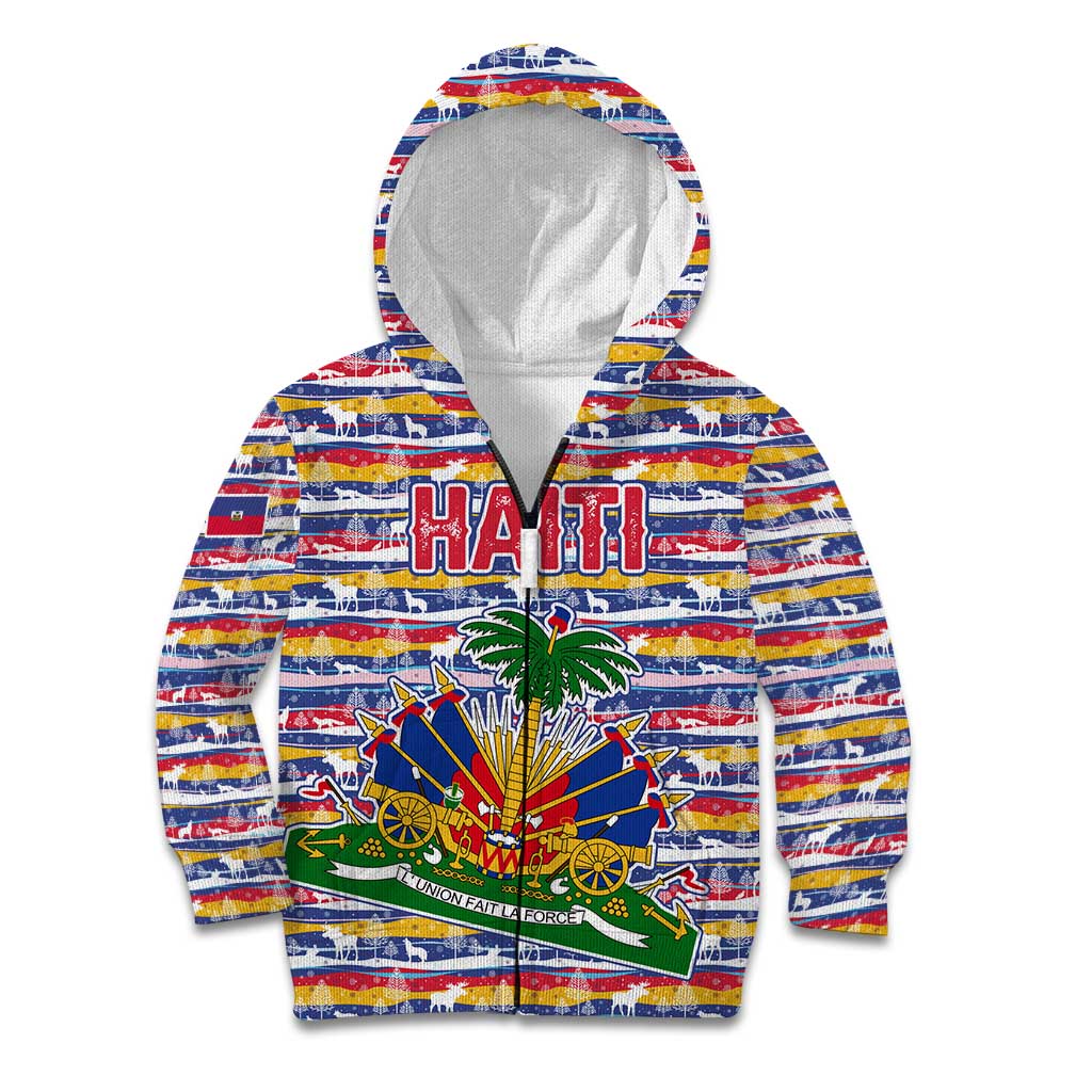 Haiti Christmas Kid Hoodie with Blue Red Yellow Xmas Santa Sleigh and Coat of Arms - Wonder Print Shop