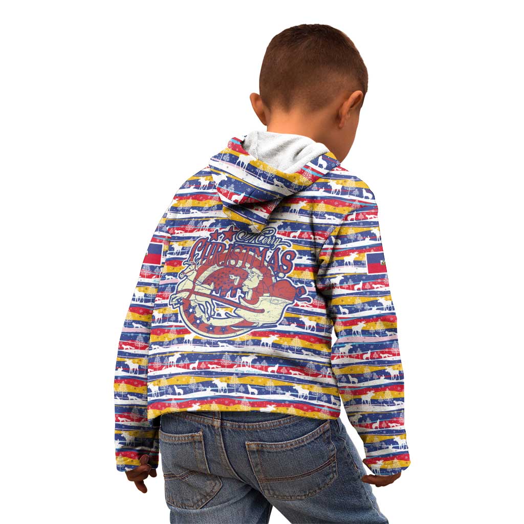 Haiti Christmas Kid Hoodie with Blue Red Yellow Xmas Santa Sleigh and Coat of Arms - Wonder Print Shop
