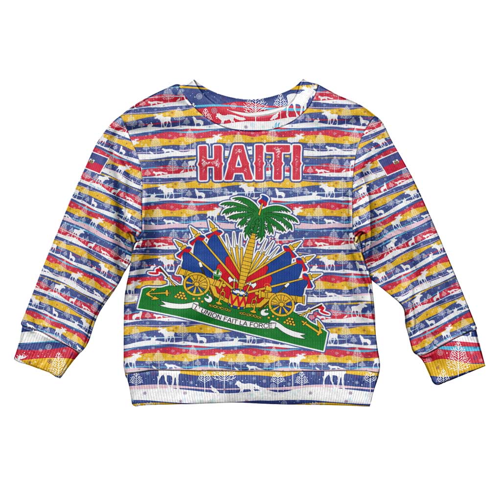 Haiti Christmas Kid Ugly Christmas Sweater with Blue Red Yellow Xmas Santa Sleigh and Coat of Arms - Wonder Print Shop