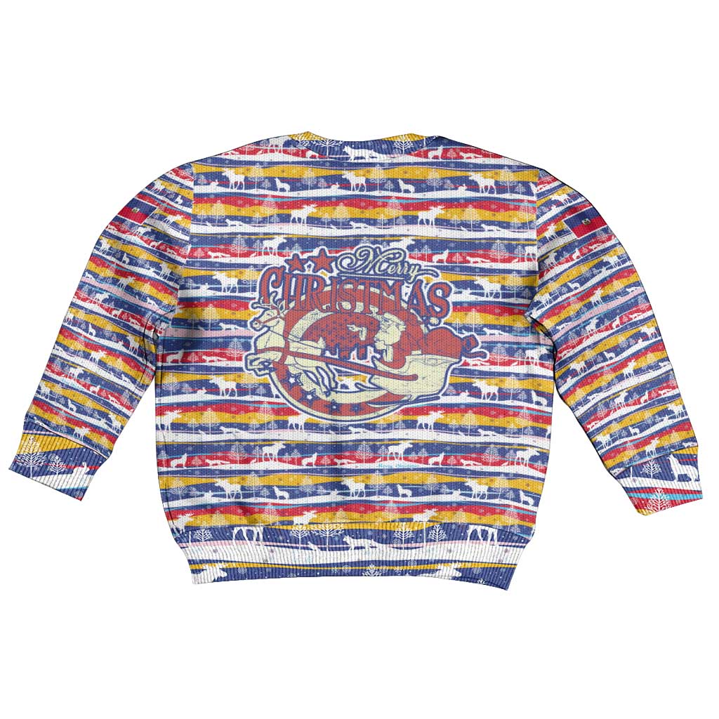 Haiti Christmas Kid Ugly Christmas Sweater with Blue Red Yellow Xmas Santa Sleigh and Coat of Arms - Wonder Print Shop