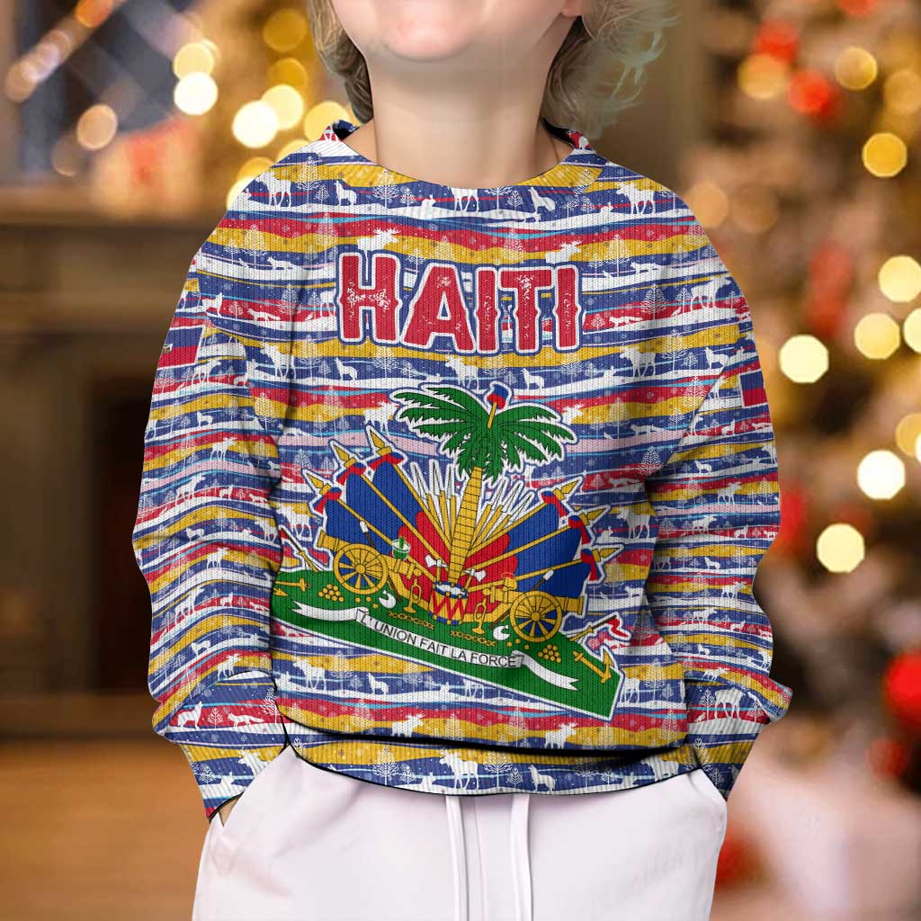 Haiti Christmas Kid Ugly Christmas Sweater with Blue Red Yellow Xmas Santa Sleigh and Coat of Arms - Wonder Print Shop