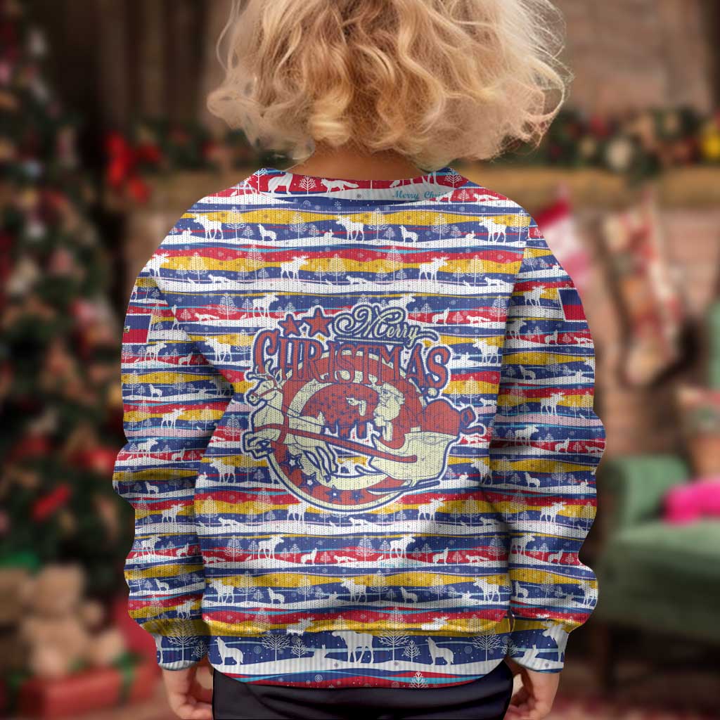 Haiti Christmas Kid Ugly Christmas Sweater with Blue Red Yellow Xmas Santa Sleigh and Coat of Arms - Wonder Print Shop