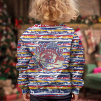 Haiti Christmas Kid Ugly Christmas Sweater with Blue Red Yellow Xmas Santa Sleigh and Coat of Arms - Wonder Print Shop
