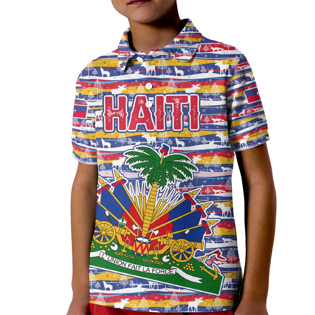 Haiti Christmas Kid Polo Shirt with Blue Red Yellow Xmas Santa Sleigh and Coat of Arms - Wonder Print Shop