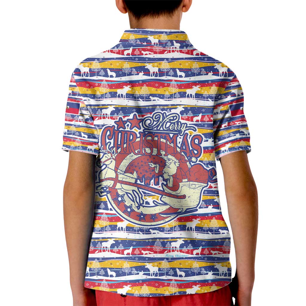 Haiti Christmas Kid Polo Shirt with Blue Red Yellow Xmas Santa Sleigh and Coat of Arms - Wonder Print Shop