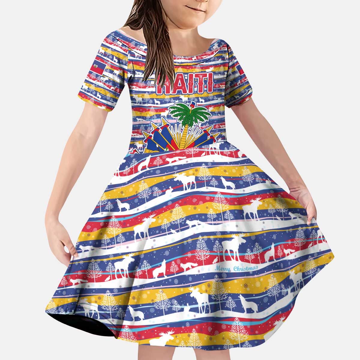 Haiti Christmas Kid Short Sleeve Dress with Blue Red Yellow Xmas Santa Sleigh and Coat of Arms - Wonder Print Shop