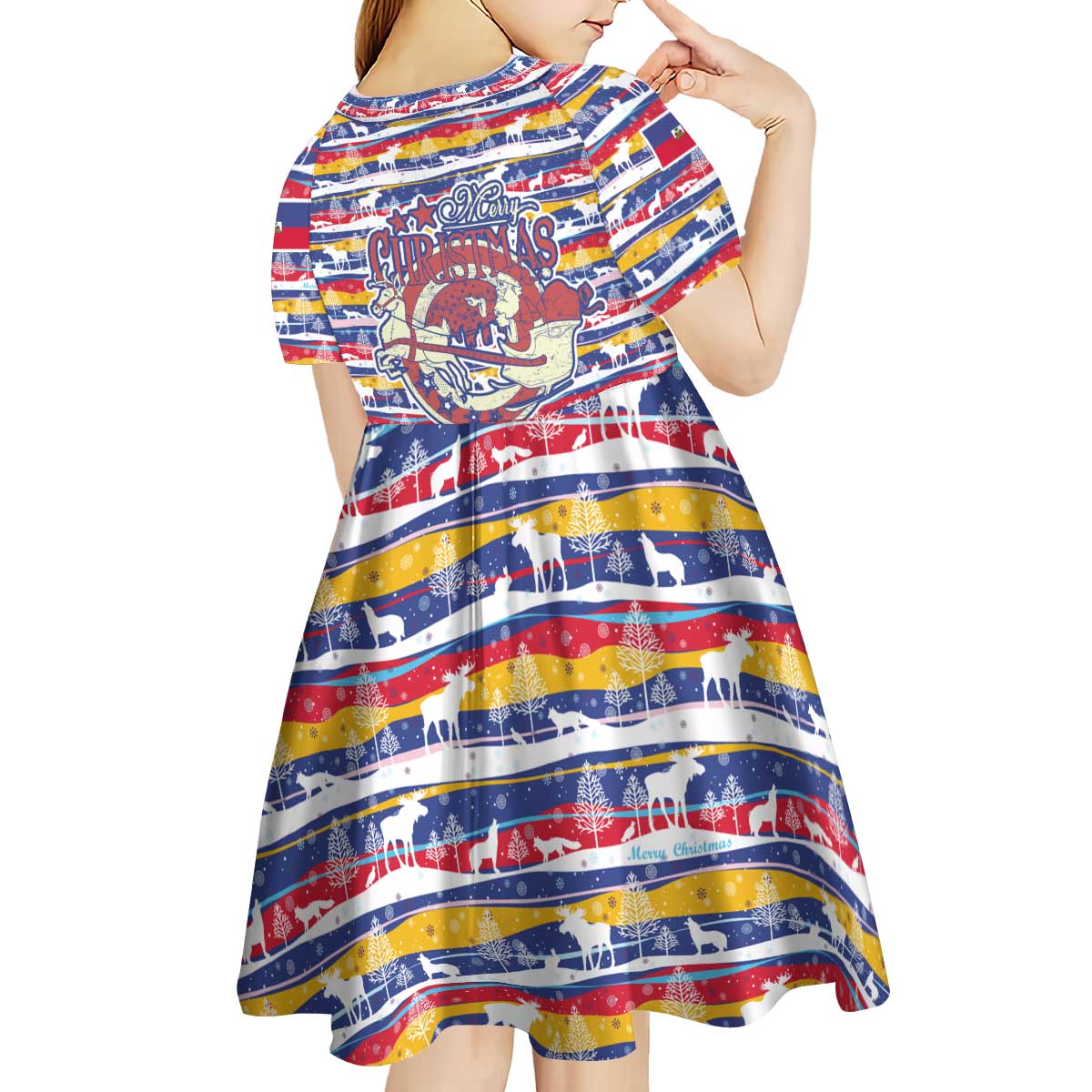 Haiti Christmas Kid Short Sleeve Dress with Blue Red Yellow Xmas Santa Sleigh and Coat of Arms - Wonder Print Shop