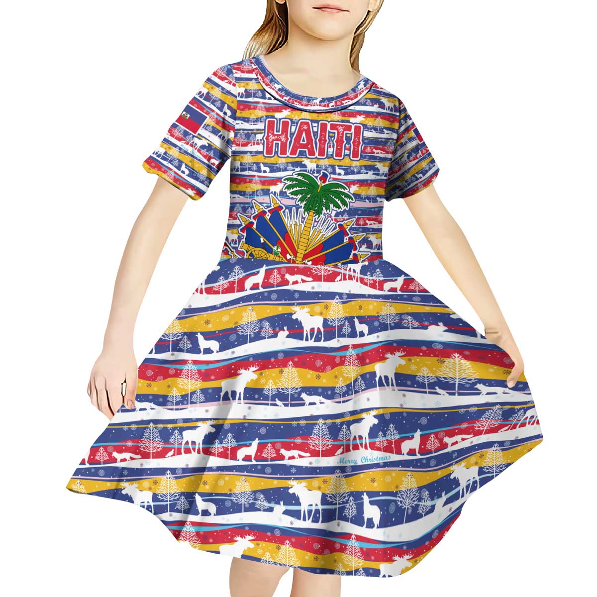 Haiti Christmas Kid Short Sleeve Dress with Blue Red Yellow Xmas Santa Sleigh and Coat of Arms - Wonder Print Shop