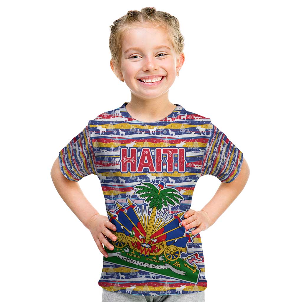 Haiti Christmas Kid T Shirt with Blue Red Yellow Xmas Santa Sleigh and Coat of Arms - Wonder Print Shop