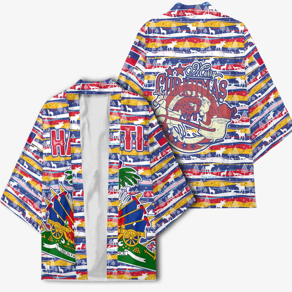 Haiti Christmas Kimono with Blue Red Yellow Xmas Santa Sleigh and Coat of Arms - Wonder Print Shop