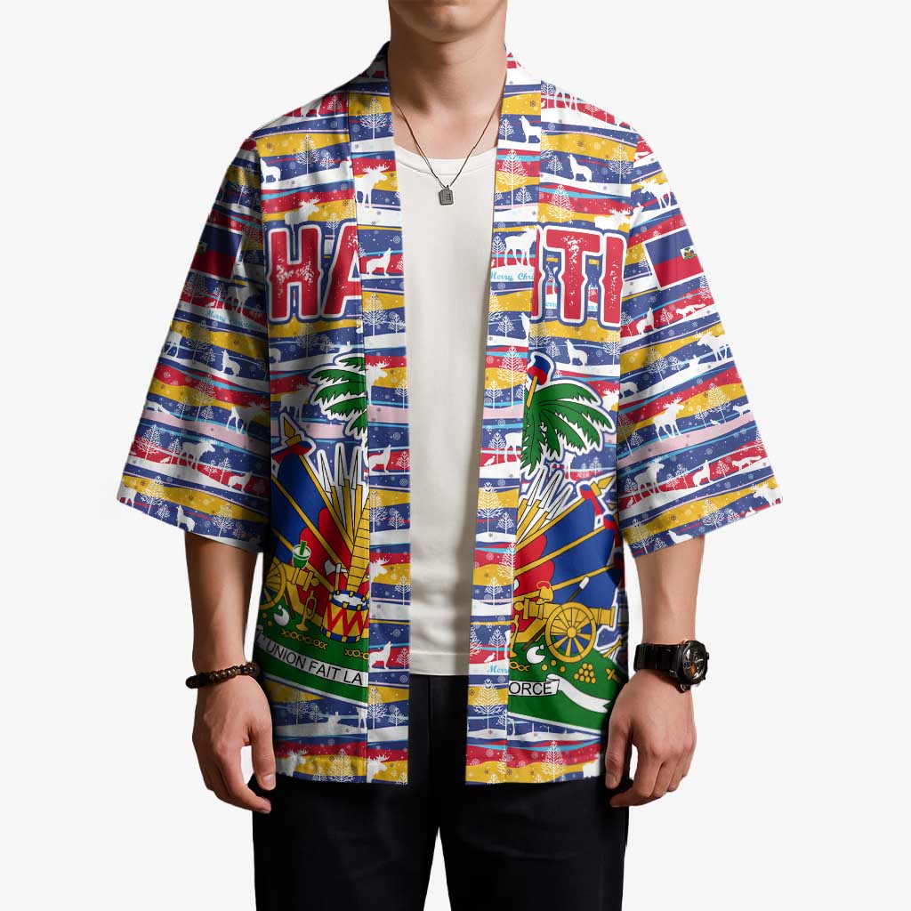 Haiti Christmas Kimono with Blue Red Yellow Xmas Santa Sleigh and Coat of Arms - Wonder Print Shop