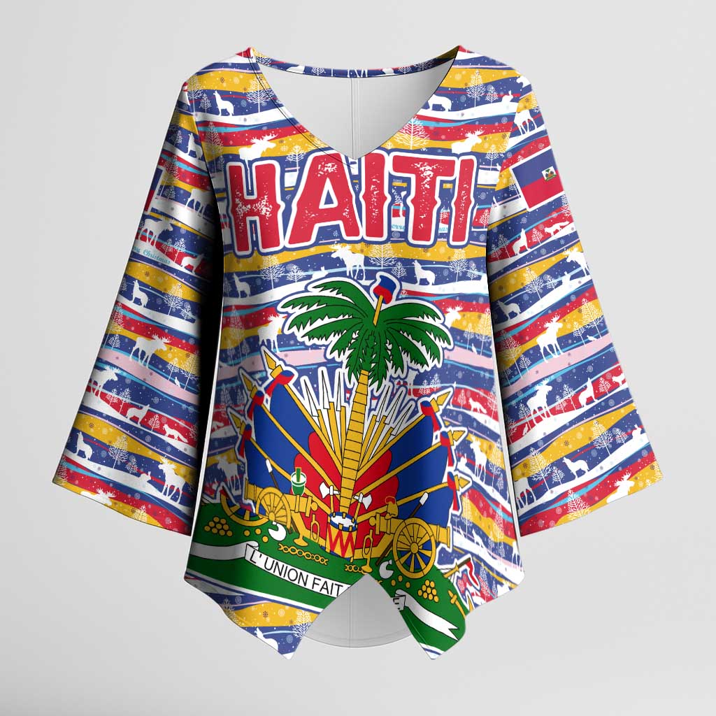 Haiti Christmas Kimono Sleeve Blouse with Blue Red Yellow Xmas Santa Sleigh and Coat of Arms - Wonder Print Shop