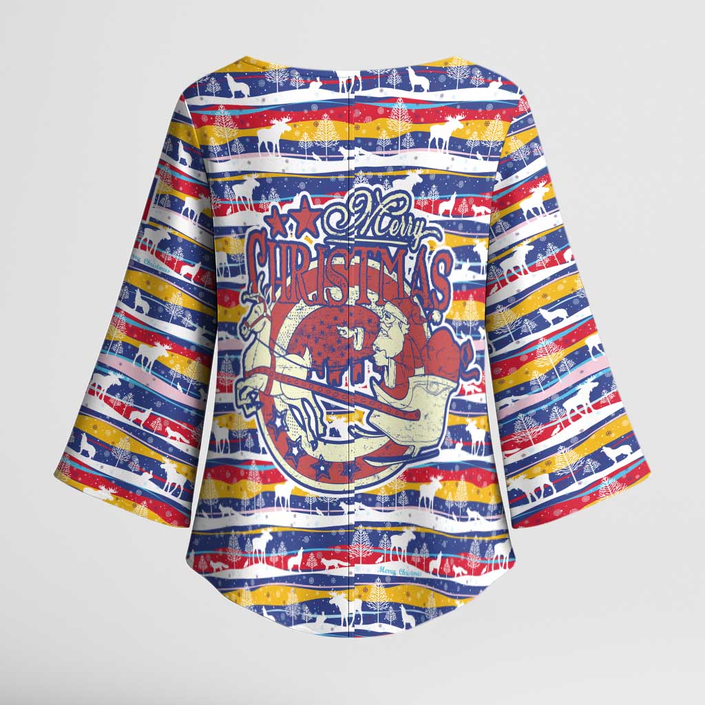 Haiti Christmas Kimono Sleeve Blouse with Blue Red Yellow Xmas Santa Sleigh and Coat of Arms - Wonder Print Shop