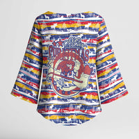 Haiti Christmas Kimono Sleeve Blouse with Blue Red Yellow Xmas Santa Sleigh and Coat of Arms - Wonder Print Shop