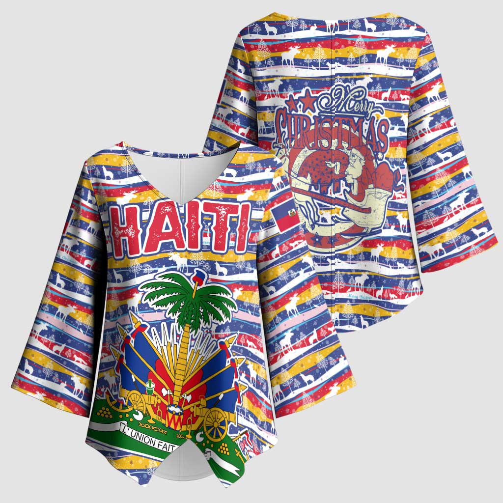 Haiti Christmas Kimono Sleeve Blouse with Blue Red Yellow Xmas Santa Sleigh and Coat of Arms - Wonder Print Shop