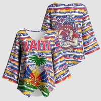 Haiti Christmas Kimono Sleeve Blouse with Blue Red Yellow Xmas Santa Sleigh and Coat of Arms - Wonder Print Shop