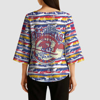 Haiti Christmas Kimono Sleeve Blouse with Blue Red Yellow Xmas Santa Sleigh and Coat of Arms - Wonder Print Shop