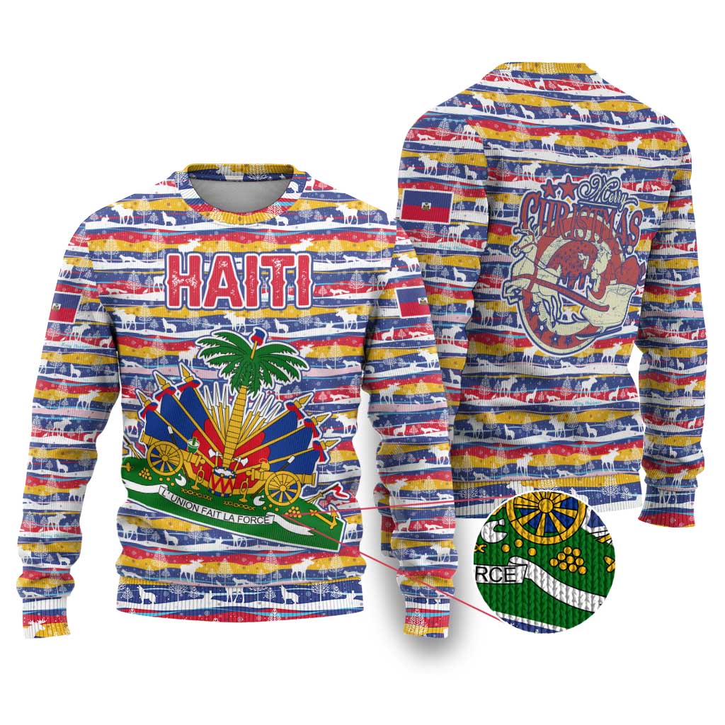 Haiti Christmas Ugly Christmas Sweater with Blue Red Yellow Xmas Santa Sleigh and Coat of Arms - Wonder Print Shop