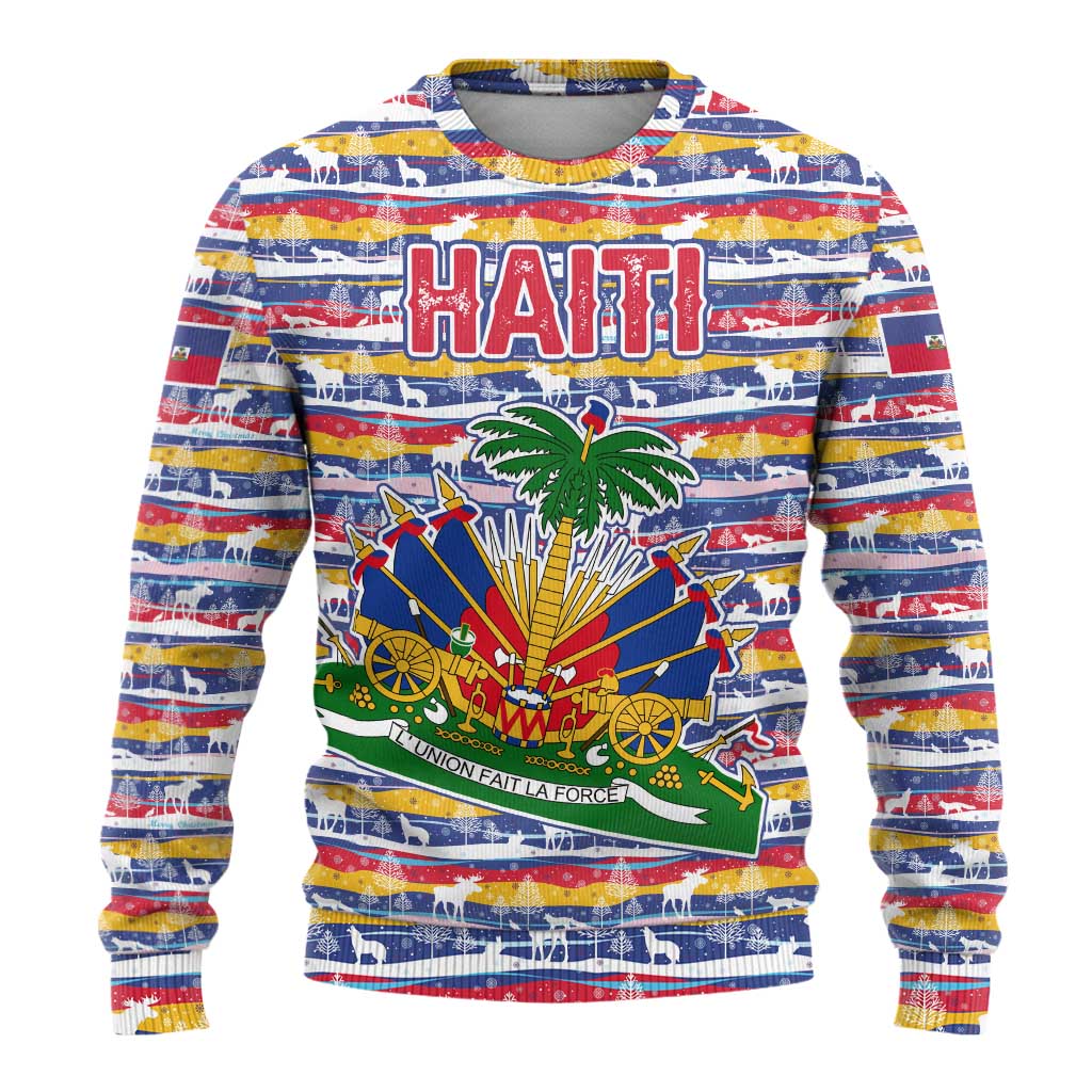 Haiti Christmas Ugly Christmas Sweater with Blue Red Yellow Xmas Santa Sleigh and Coat of Arms - Wonder Print Shop