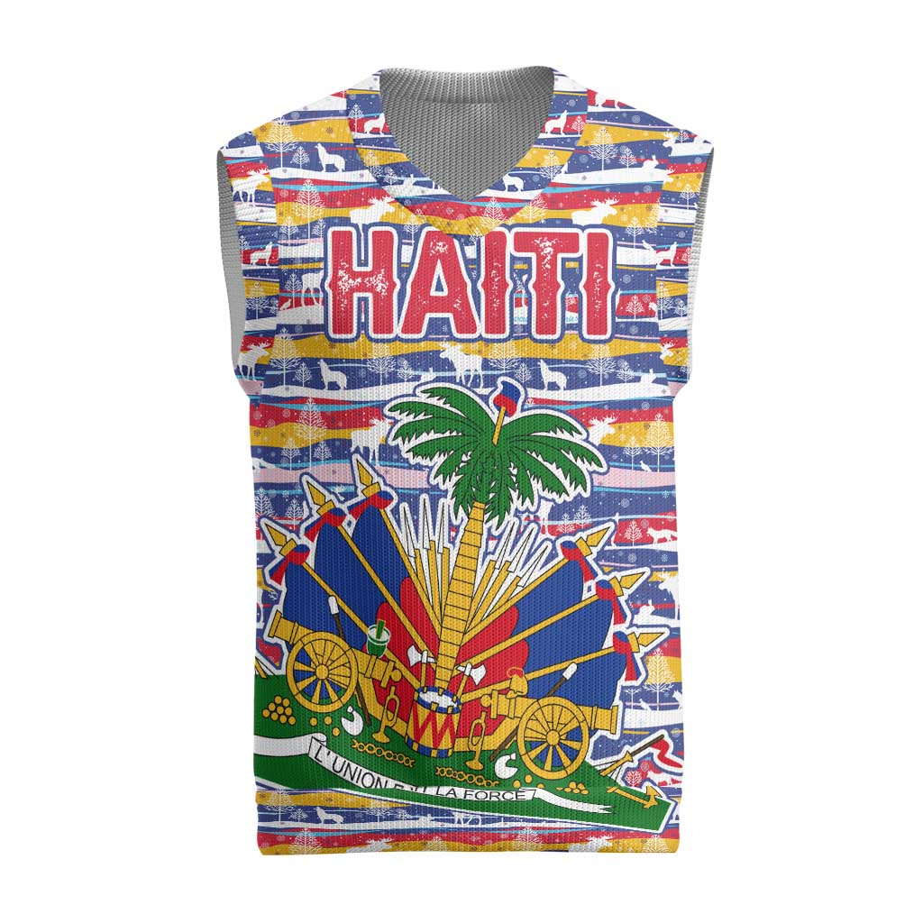 Haiti Christmas Knitted V-Neck Vest with Blue Red Yellow Xmas Santa Sleigh and Coat of Arms - Wonder Print Shop