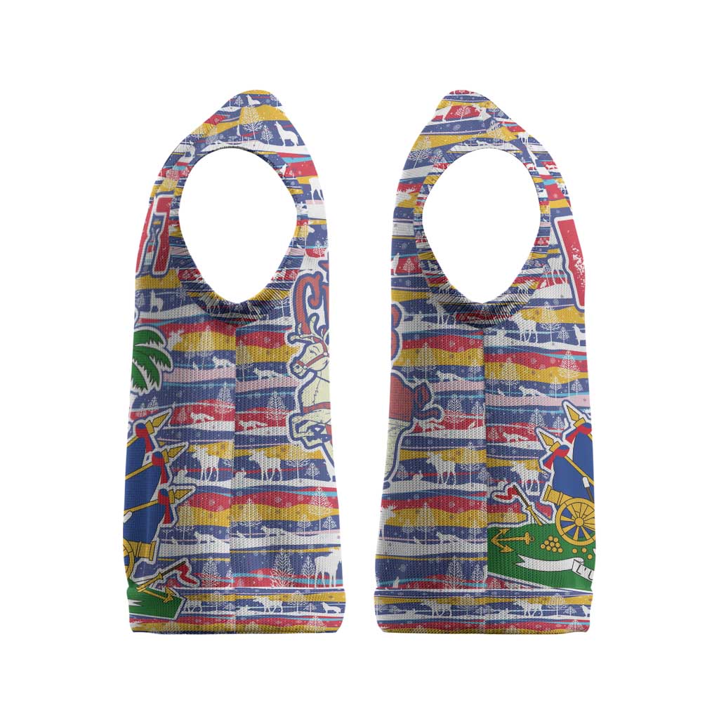 Haiti Christmas Knitted V-Neck Vest with Blue Red Yellow Xmas Santa Sleigh and Coat of Arms - Wonder Print Shop