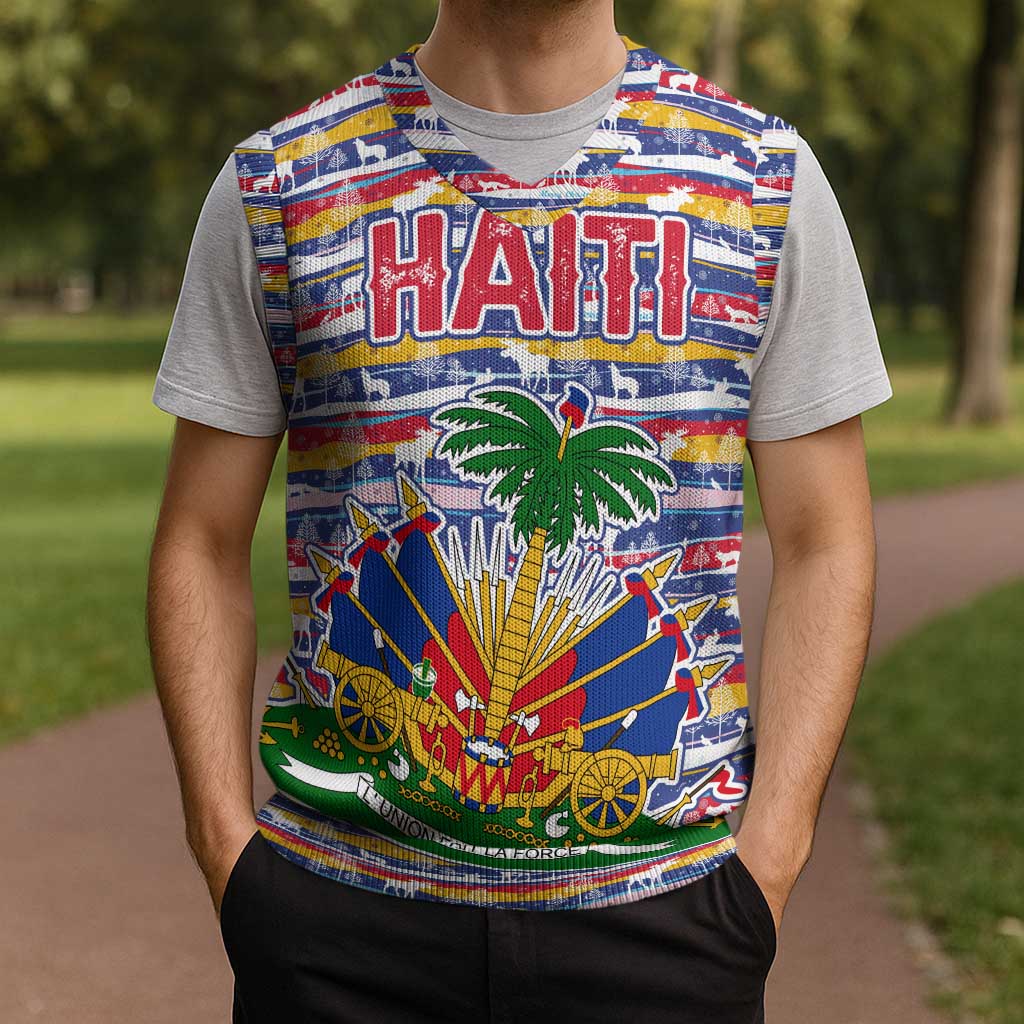 Haiti Christmas Knitted V-Neck Vest with Blue Red Yellow Xmas Santa Sleigh and Coat of Arms - Wonder Print Shop