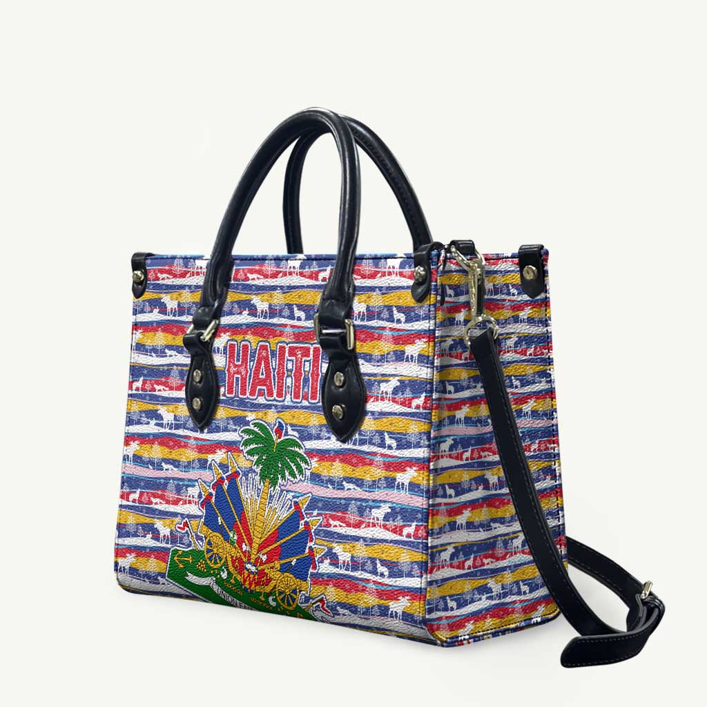 Haiti Christmas Leather Bag with Blue Red Yellow Xmas Santa Sleigh and Coat of Arms - Wonder Print Shop