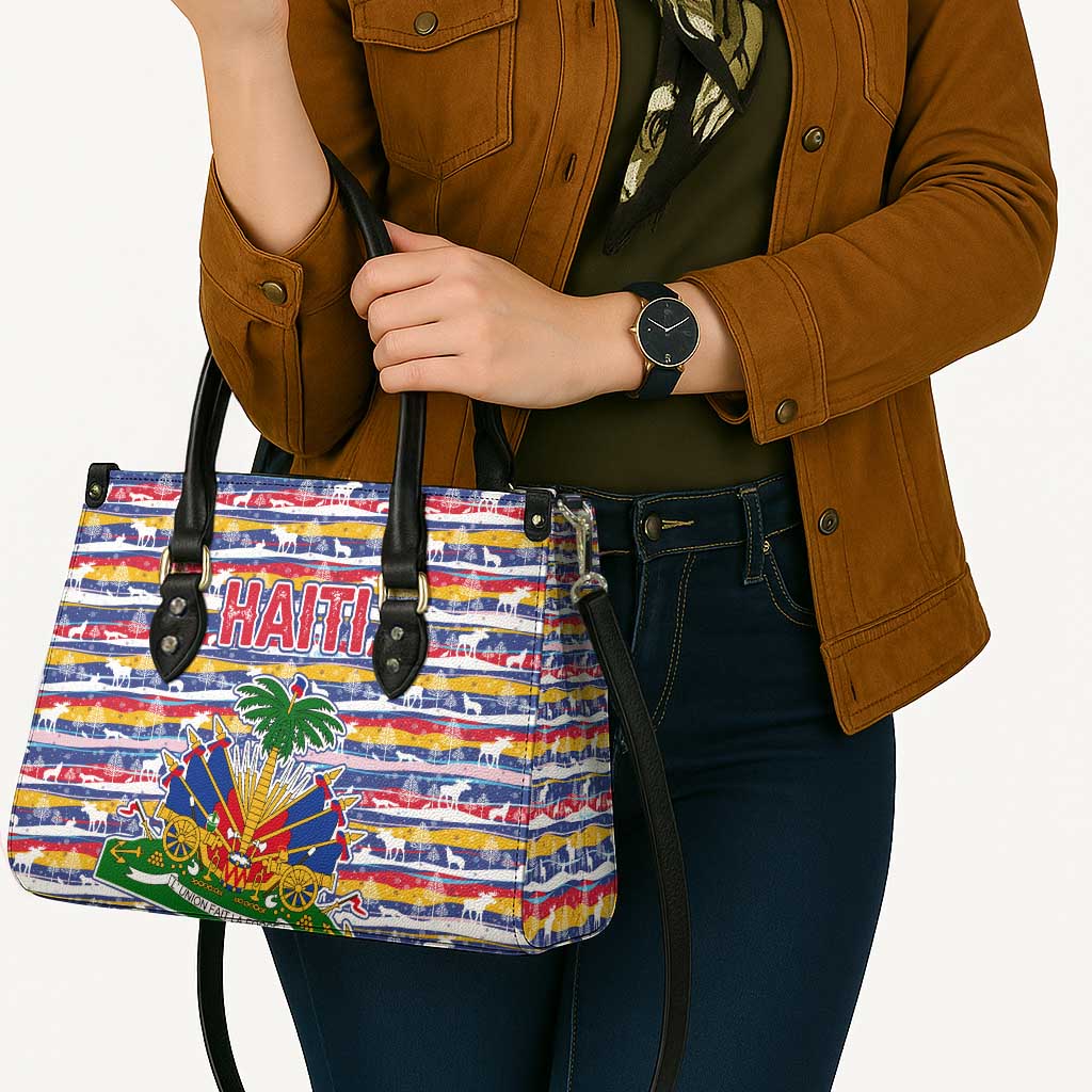 Haiti Christmas Leather Bag with Blue Red Yellow Xmas Santa Sleigh and Coat of Arms - Wonder Print Shop
