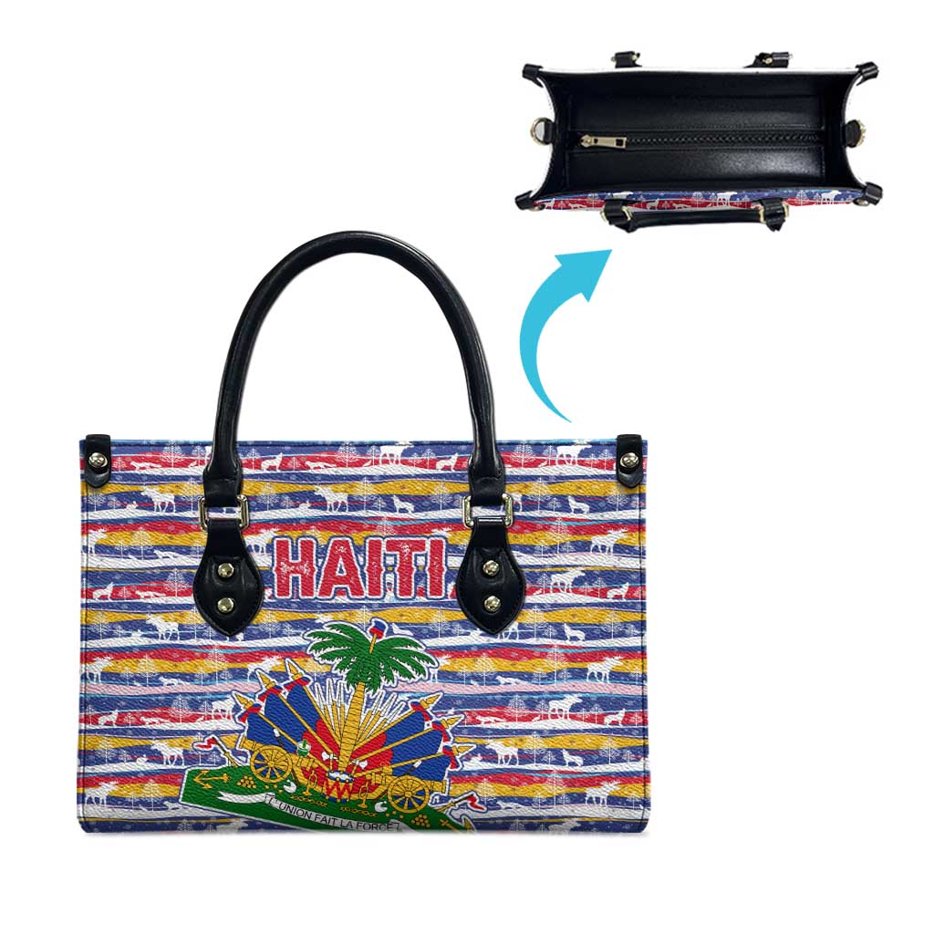 Haiti Christmas Leather Bag with Blue Red Yellow Xmas Santa Sleigh and Coat of Arms - Wonder Print Shop