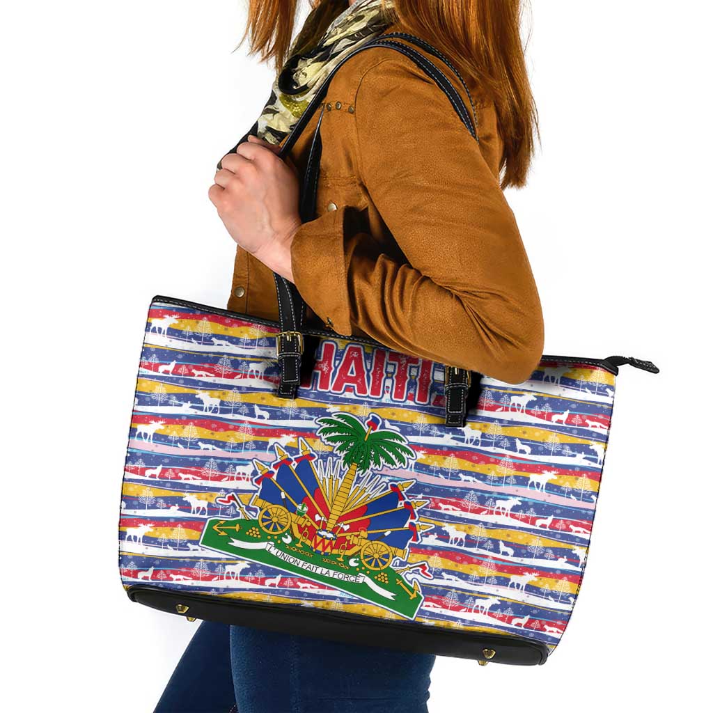 Haiti Christmas Leather Tote Bag with Blue Red Yellow Xmas Santa Sleigh and Coat of Arms - Wonder Print Shop