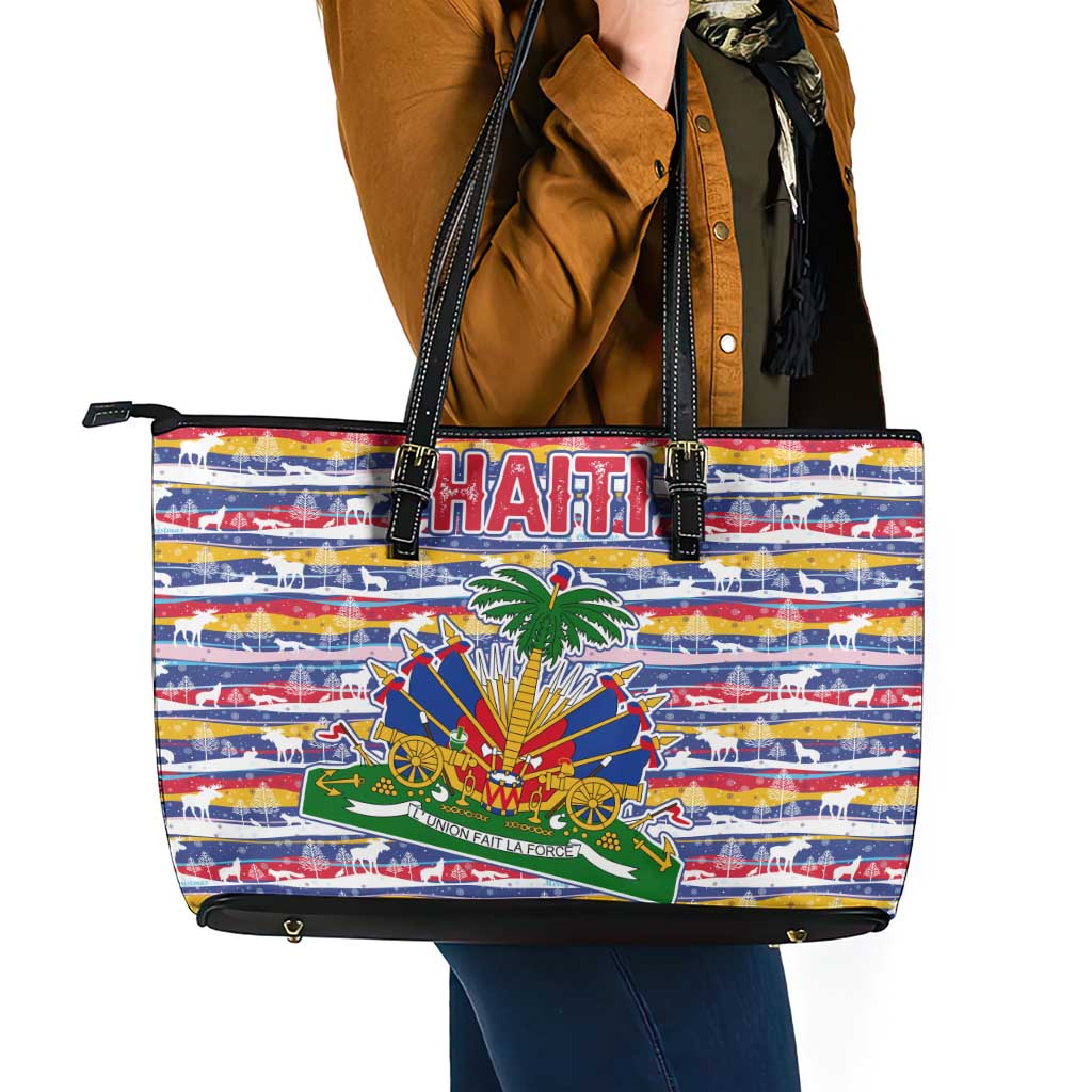 Haiti Christmas Leather Tote Bag with Blue Red Yellow Xmas Santa Sleigh and Coat of Arms - Wonder Print Shop