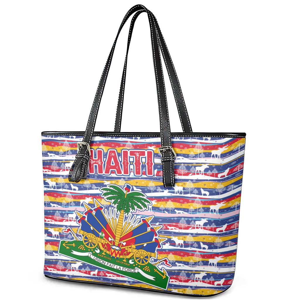 Haiti Christmas Leather Tote Bag with Blue Red Yellow Xmas Santa Sleigh and Coat of Arms - Wonder Print Shop