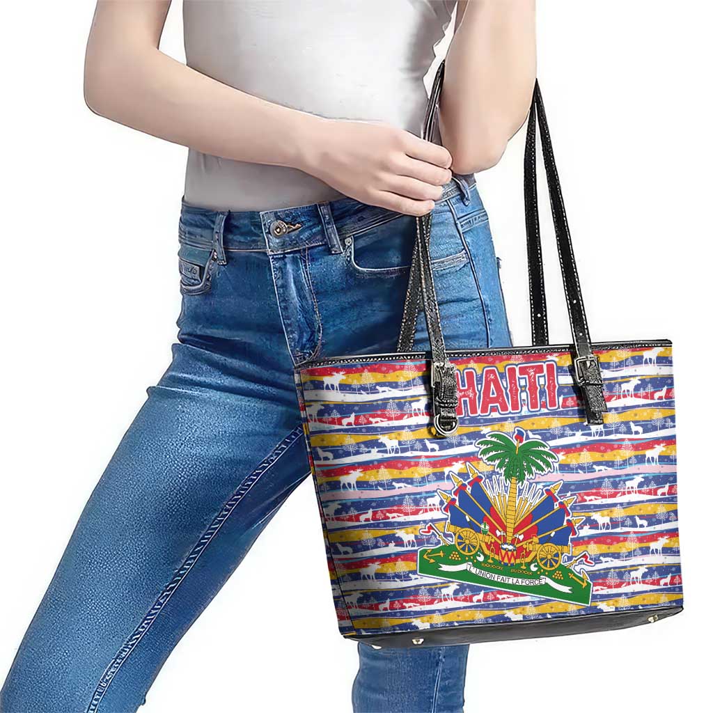 Haiti Christmas Leather Tote Bag with Blue Red Yellow Xmas Santa Sleigh and Coat of Arms - Wonder Print Shop