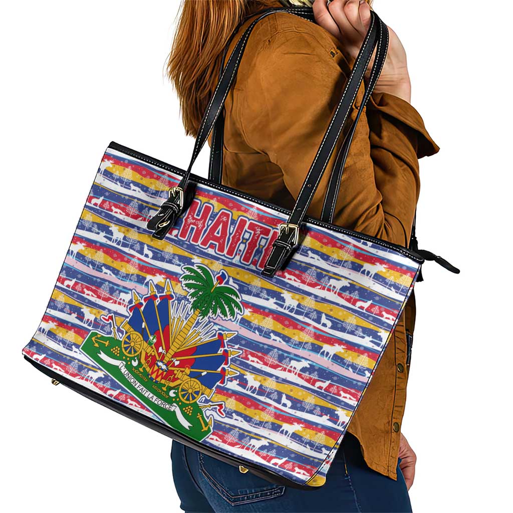 Haiti Christmas Leather Tote Bag with Blue Red Yellow Xmas Santa Sleigh and Coat of Arms - Wonder Print Shop