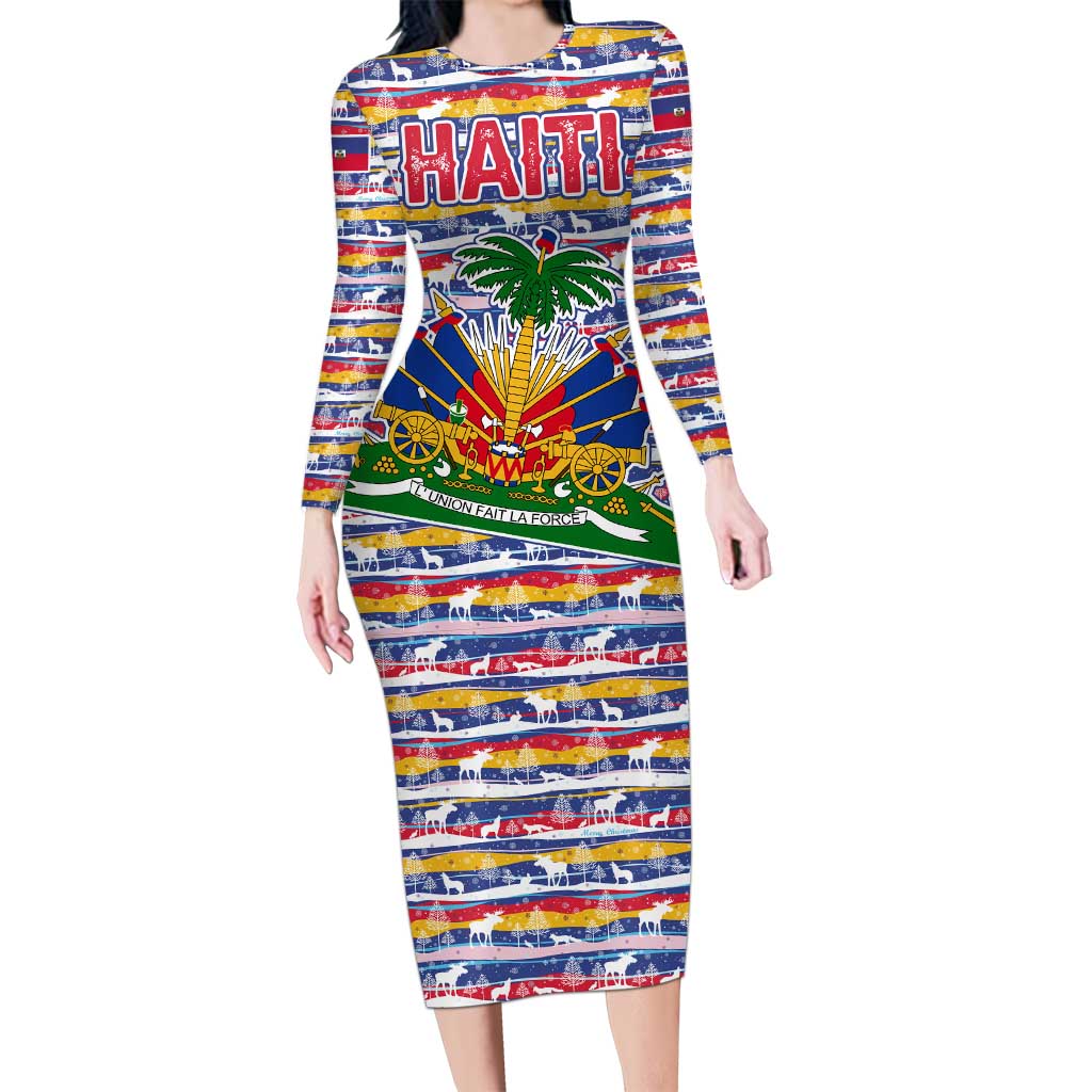Haiti Christmas Long Sleeve Bodycon Dress with Blue Red Yellow Xmas Santa Sleigh and Coat of Arms - Wonder Print Shop