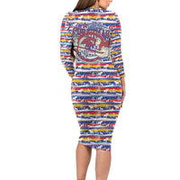 Haiti Christmas Long Sleeve Bodycon Dress with Blue Red Yellow Xmas Santa Sleigh and Coat of Arms - Wonder Print Shop