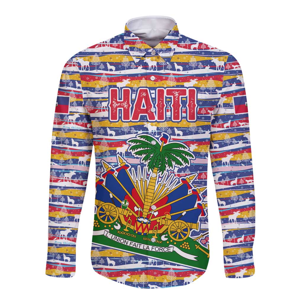 Haiti Christmas Long Sleeve Button Shirt with Blue Red Yellow Xmas Santa Sleigh and Coat of Arms - Wonder Print Shop
