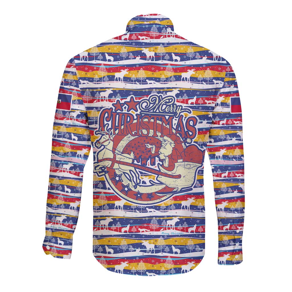 Haiti Christmas Long Sleeve Button Shirt with Blue Red Yellow Xmas Santa Sleigh and Coat of Arms - Wonder Print Shop
