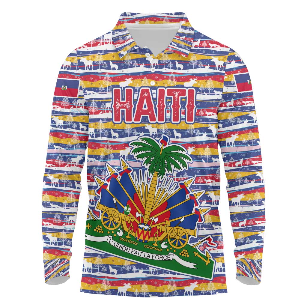 Haiti Christmas Long Sleeve Polo Shirt with Blue Red Yellow Xmas Santa Sleigh and Coat of Arms - Wonder Print Shop