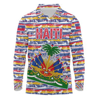 Haiti Christmas Long Sleeve Polo Shirt with Blue Red Yellow Xmas Santa Sleigh and Coat of Arms - Wonder Print Shop