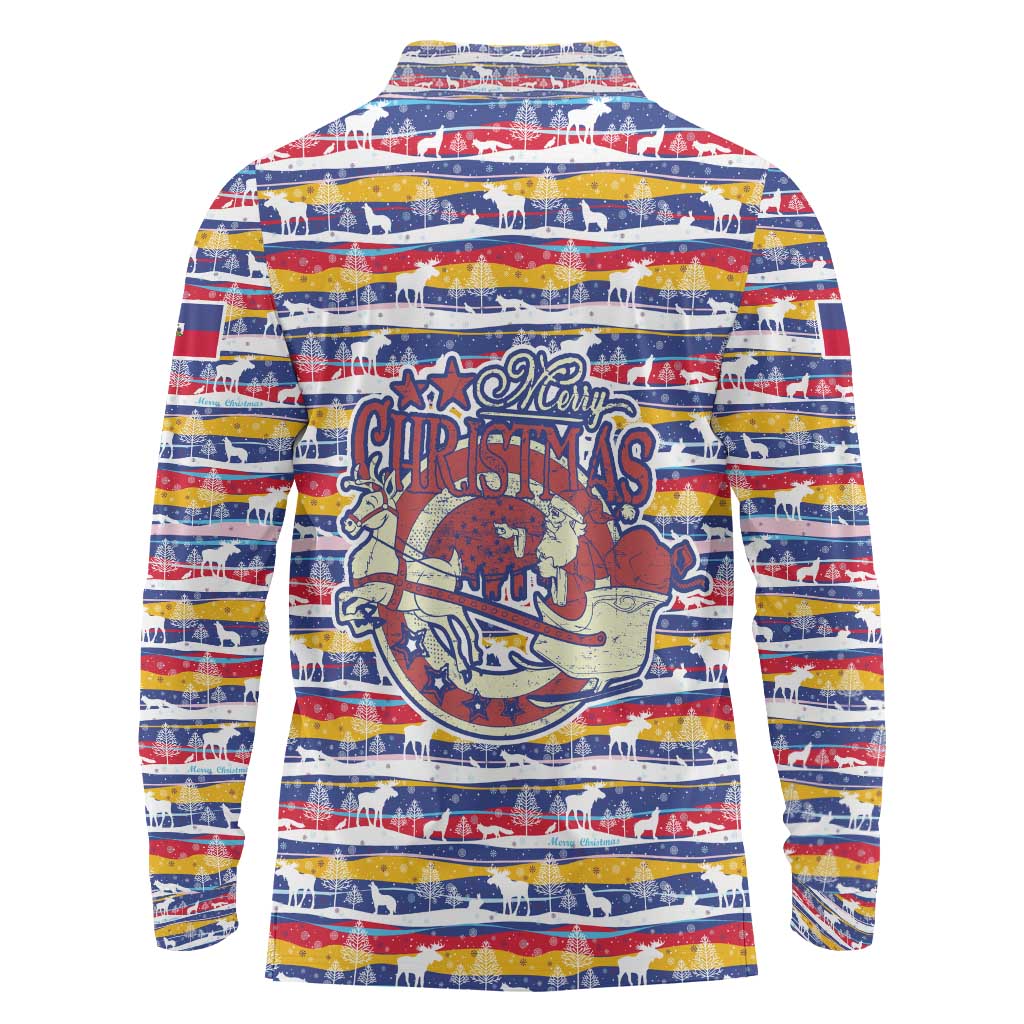 Haiti Christmas Long Sleeve Polo Shirt with Blue Red Yellow Xmas Santa Sleigh and Coat of Arms - Wonder Print Shop