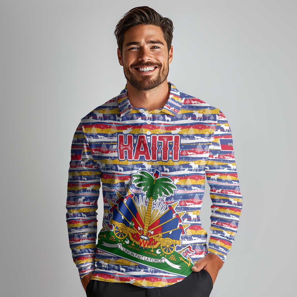 Haiti Christmas Long Sleeve Polo Shirt with Blue Red Yellow Xmas Santa Sleigh and Coat of Arms - Wonder Print Shop