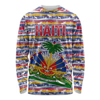Haiti Christmas Long Sleeve Shirt with Blue Red Yellow Xmas Santa Sleigh and Coat of Arms - Wonder Print Shop