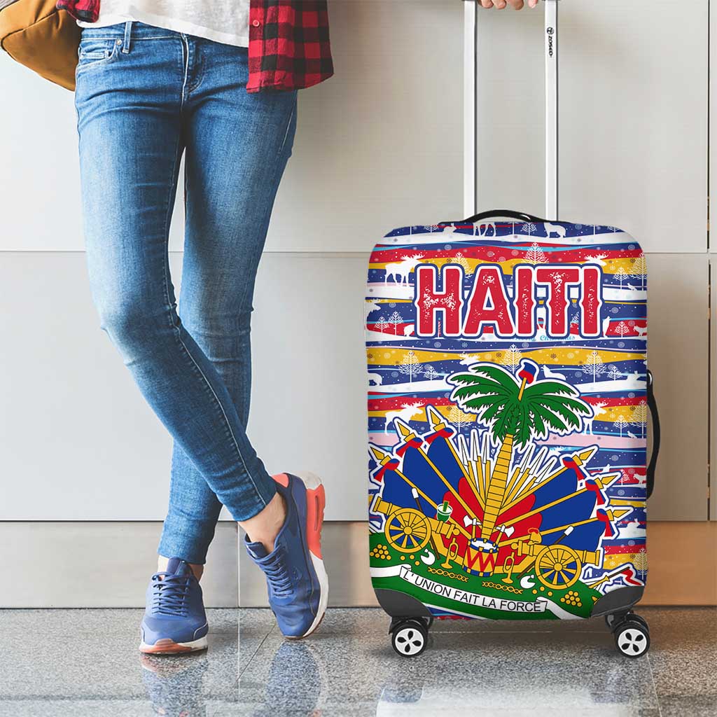 Haiti Christmas Luggage Cover with Blue Red Yellow Xmas Santa Sleigh and Coat of Arms - Wonder Print Shop