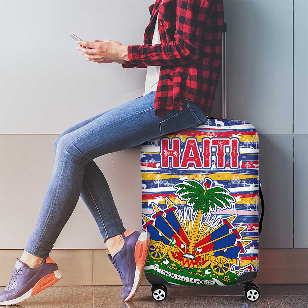 Haiti Christmas Luggage Cover with Blue Red Yellow Xmas Santa Sleigh and Coat of Arms - Wonder Print Shop
