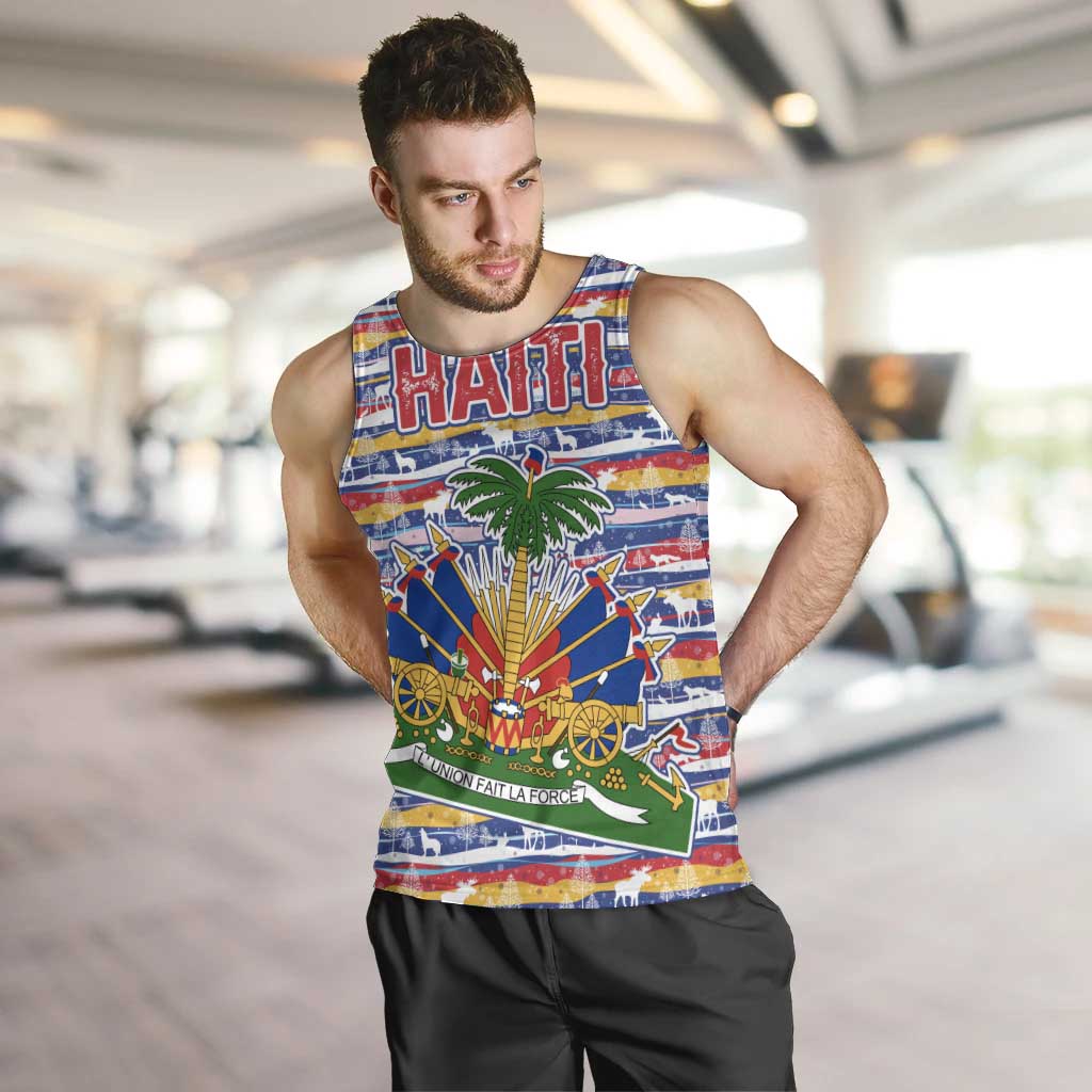 Haiti Christmas Men Tank Top with Blue Red Yellow Xmas Santa Sleigh and Coat of Arms - Wonder Print Shop